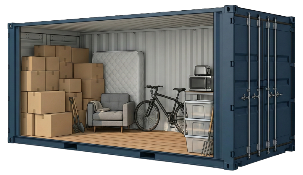 10ft Storage Container with the side cut out illustrating what can fit inside